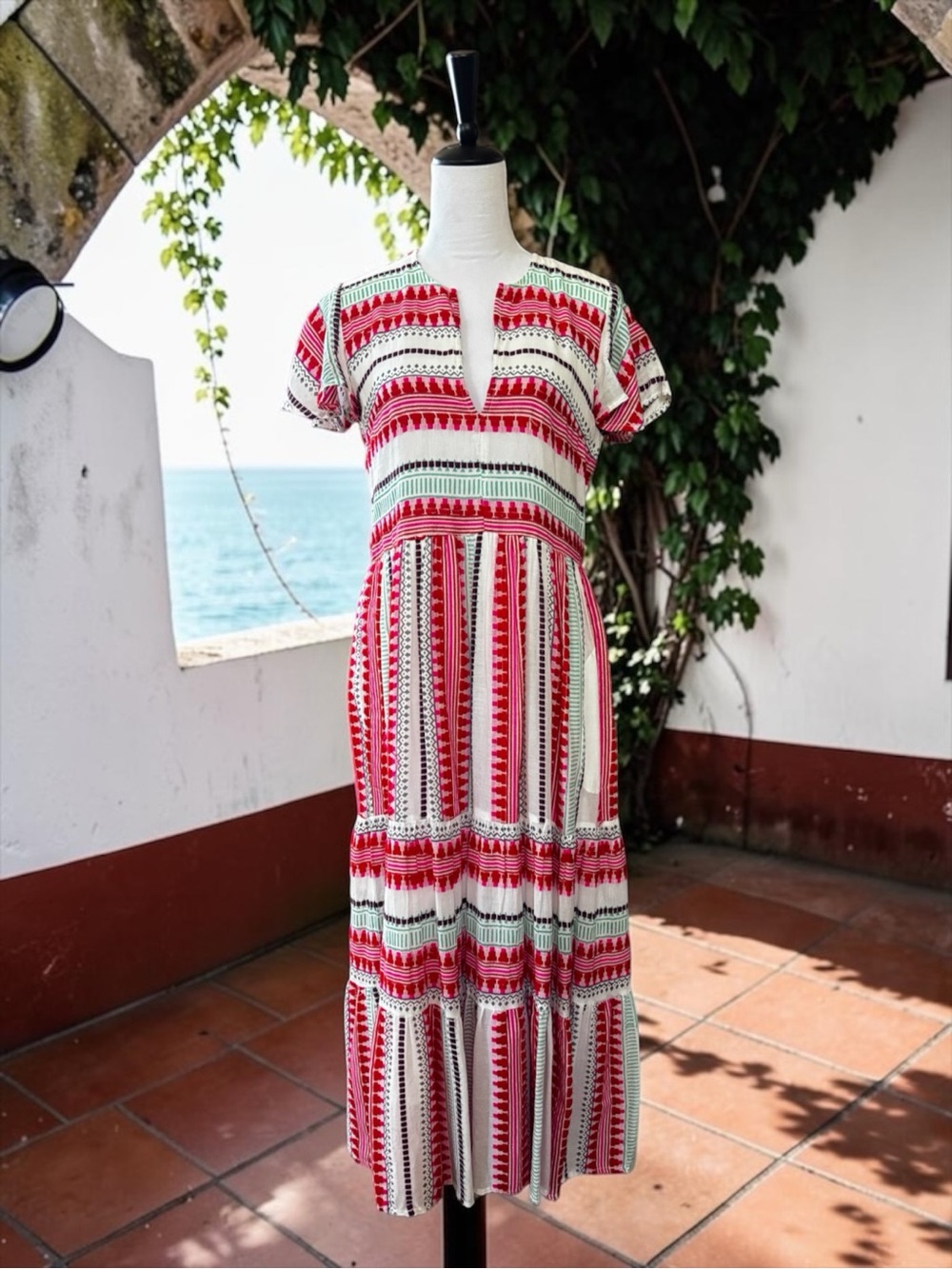 OLIPHANT Red Mezcal V-Neck Tiered Maxi Dress in Excellent Condition (S)